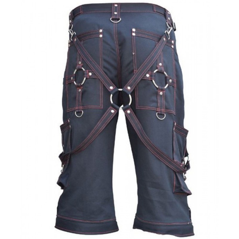 Men Gothic Red Thread Short Buckle Bondage Shorts Black